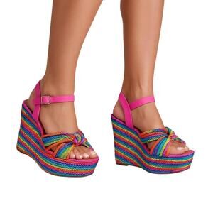 NEW Gianni Bini Leena Rainbow Cord Knot Platform Wedge Sandals Heels Sz 8